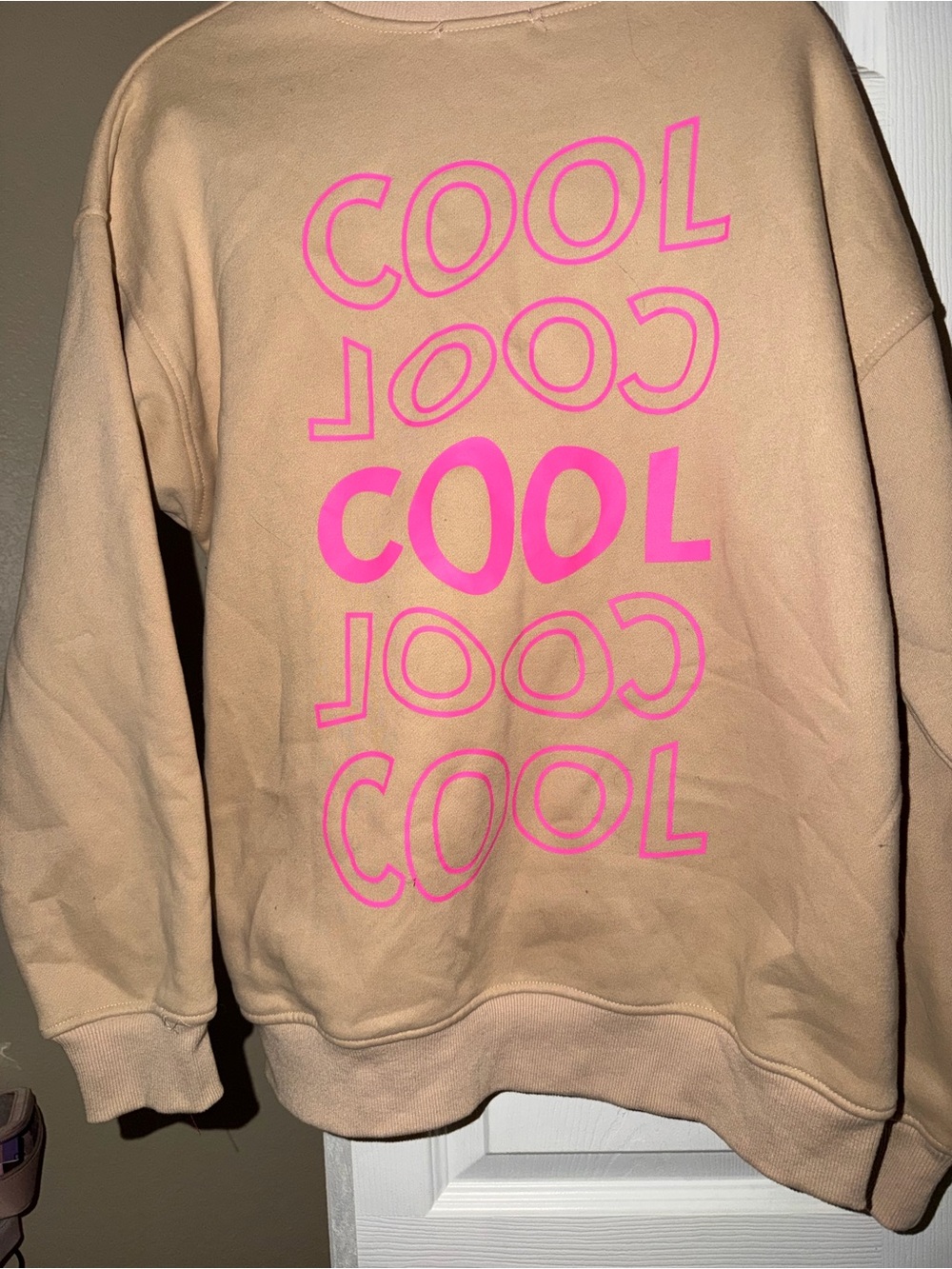 Beige Crewneck Sweatshirt with Pink 'COOL' Graphic